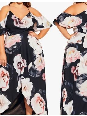 City Chic Black Maxi Dress with Pink & White Floral Print